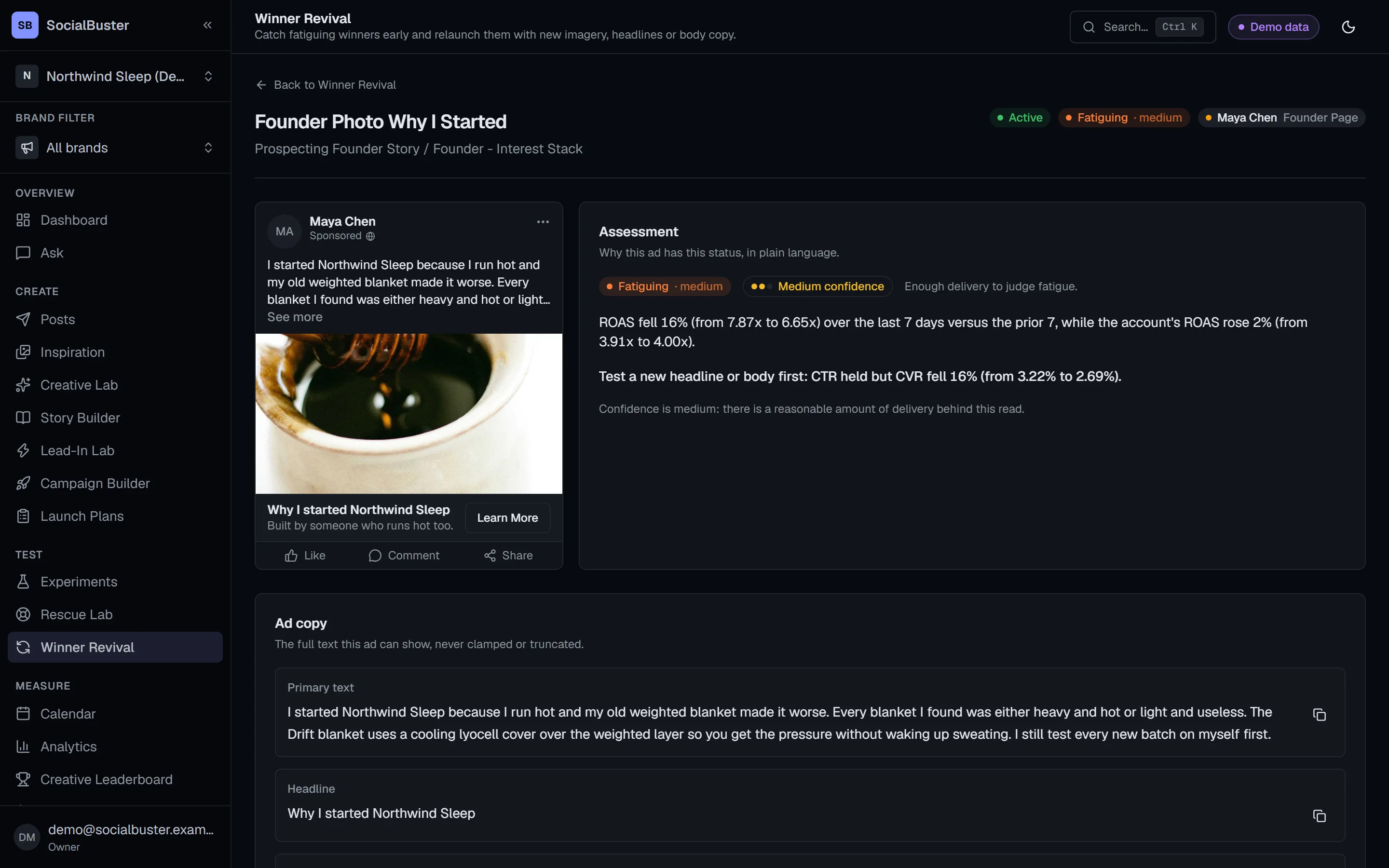 A Winner Revival detail page on the dark plate, separating creative-specific decline from an account-wide shift.